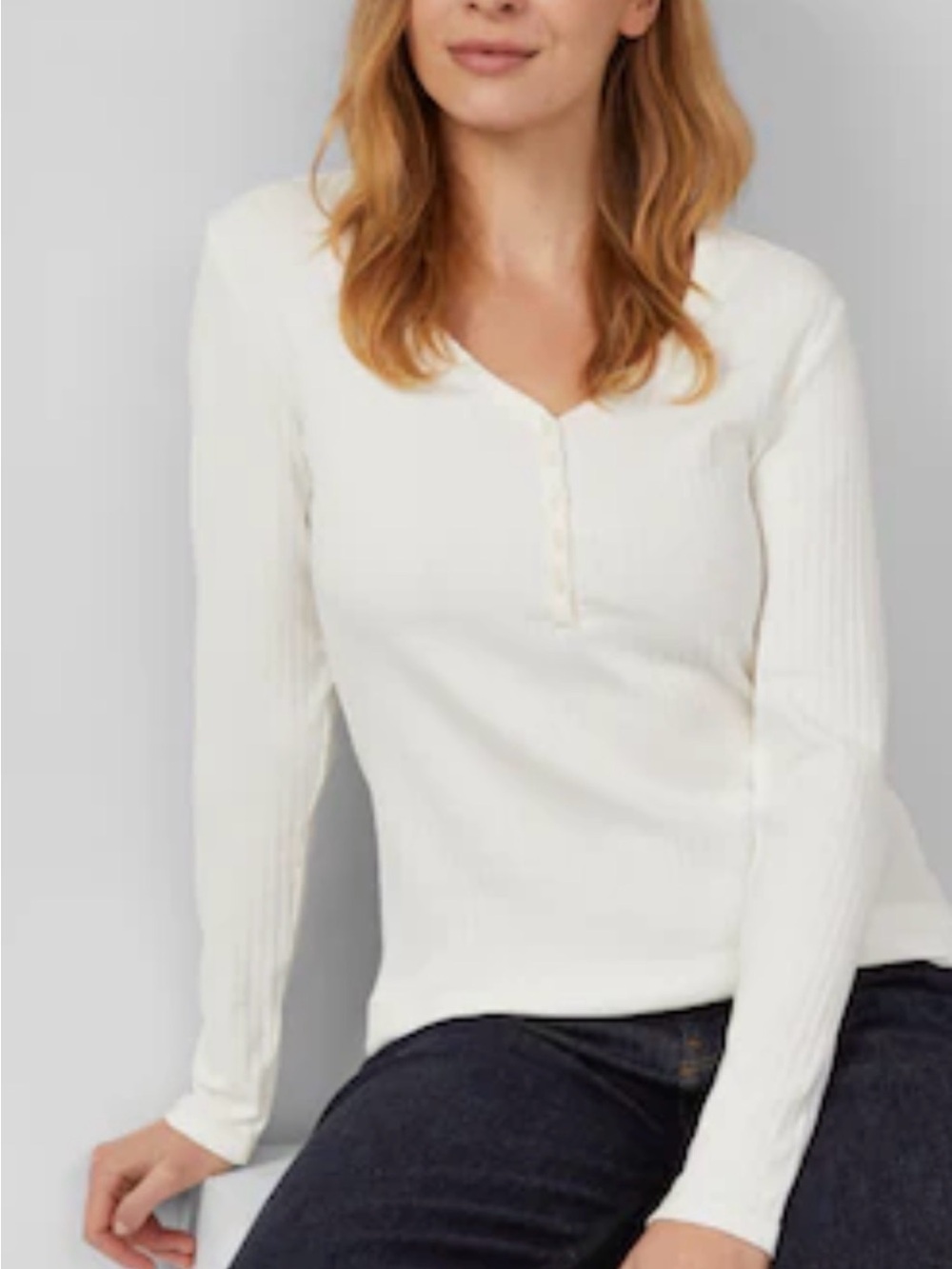 Women's Cream Ribbed Henley Long-Sleeve Top
